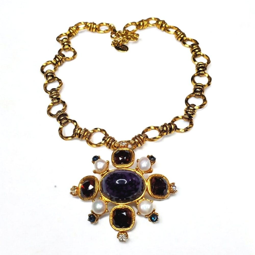 GERARD YOSCA Vintage Gold Byzantine Maltese Cross Glass Cabochon Necklace - Picture 3 of 5